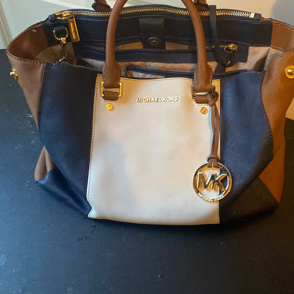 Michael Kors navy blue white and tan leather tote bag